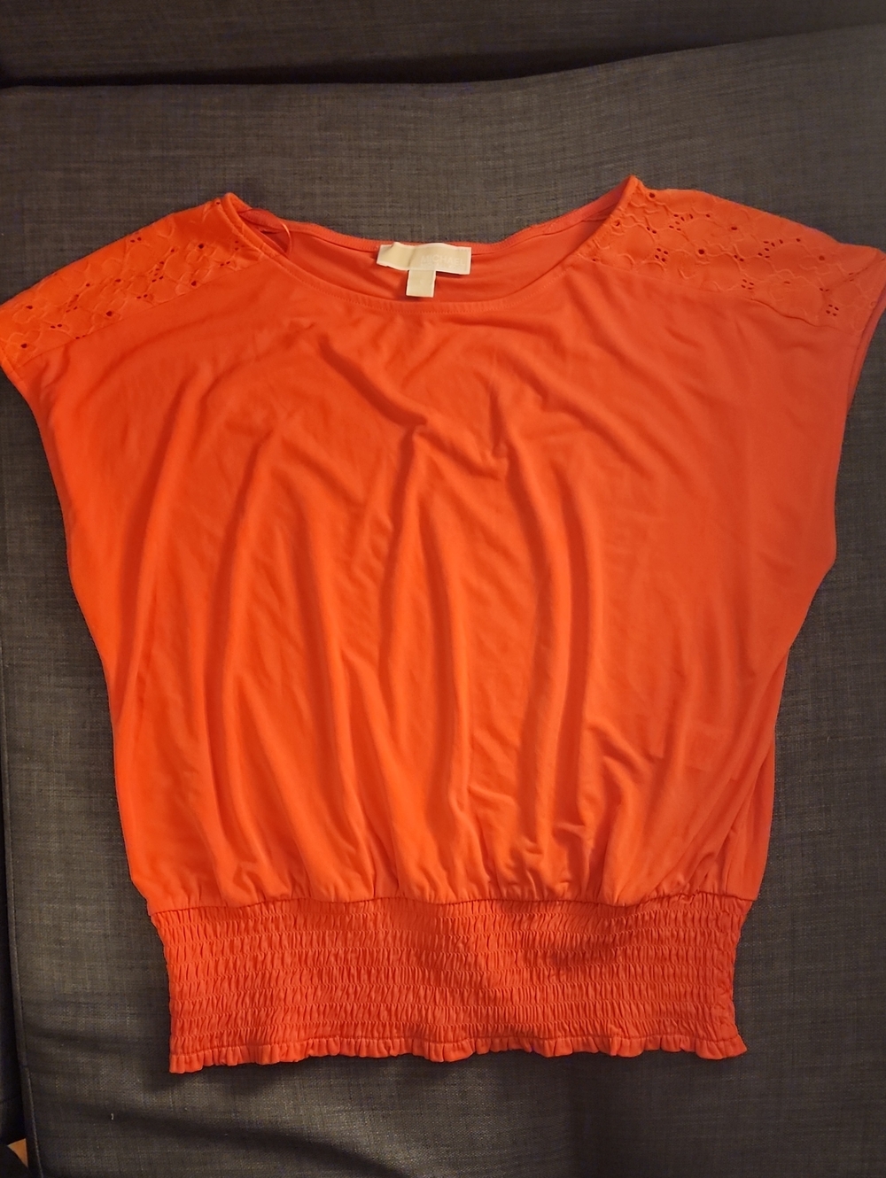 Michael Kors Bright Orange Eyelet-Shoulder Tank with Smocked Waist